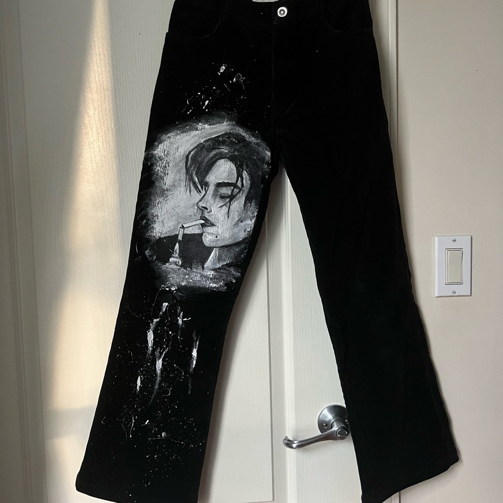 Vintage velvet pants hand painted in acrylic